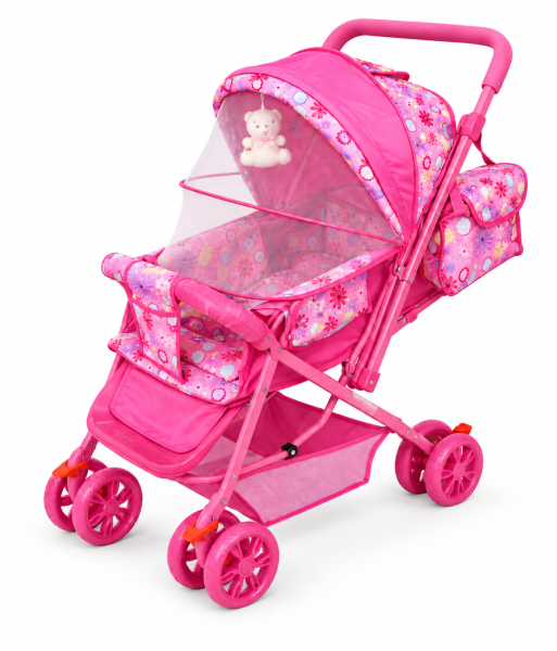 Coche mosquitero rosado con flores