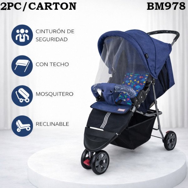Coche 3 ruedas con mosquitero azul